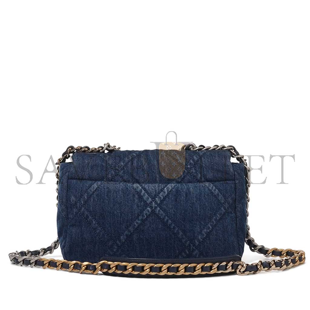 Ch*el blue quilted denim 19 flap bag ruthenium, brushed gold and pale gold hardware as1160 (26*16*9cm)